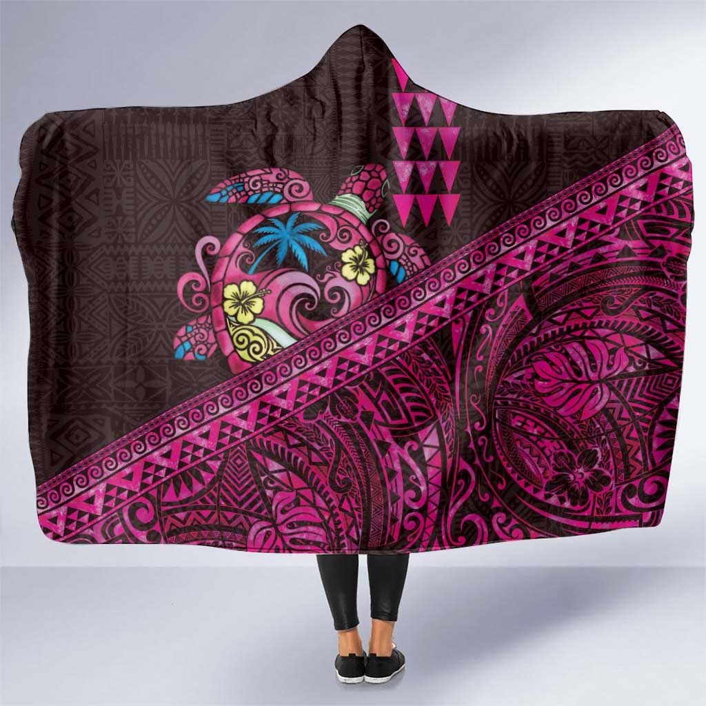 Hawaiian Abstract Sea Turtle Hooded Blanket Polynesian Tapa Art and Kakau Tattoo Pink WaterColor - Polynesian Pride