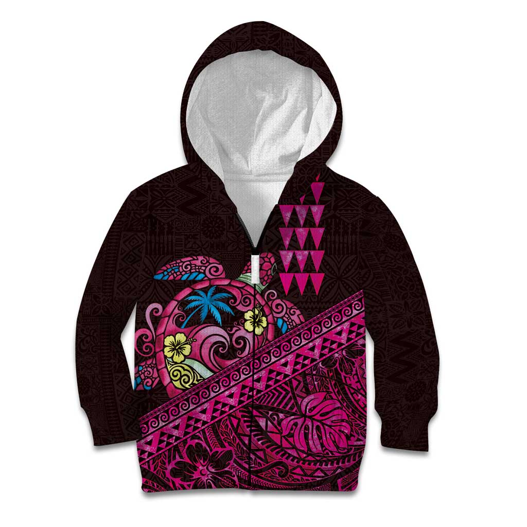 Hawaiian Abstract Sea Turtle Kid Hoodie Polynesian Tapa Art and Kakau Tattoo Pink WaterColor - Polynesian Pride