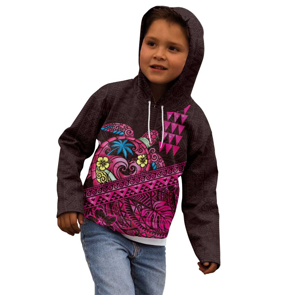 Hawaiian Abstract Sea Turtle Kid Hoodie Polynesian Tapa Art and Kakau Tattoo Pink WaterColor - Polynesian Pride