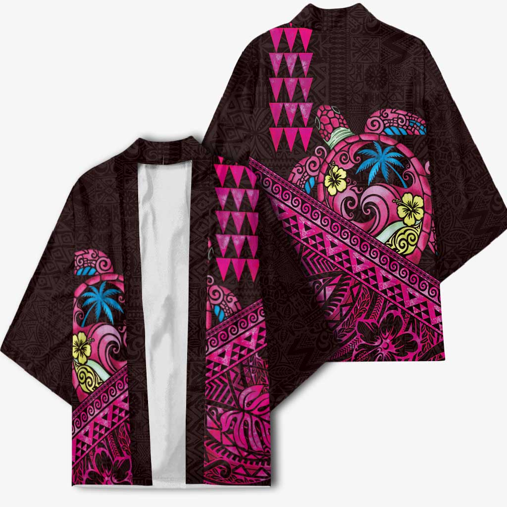 Hawaiian Abstract Sea Turtle Kimono Polynesian Tapa Art and Kakau Tattoo Pink WaterColor - Polynesian Pride
