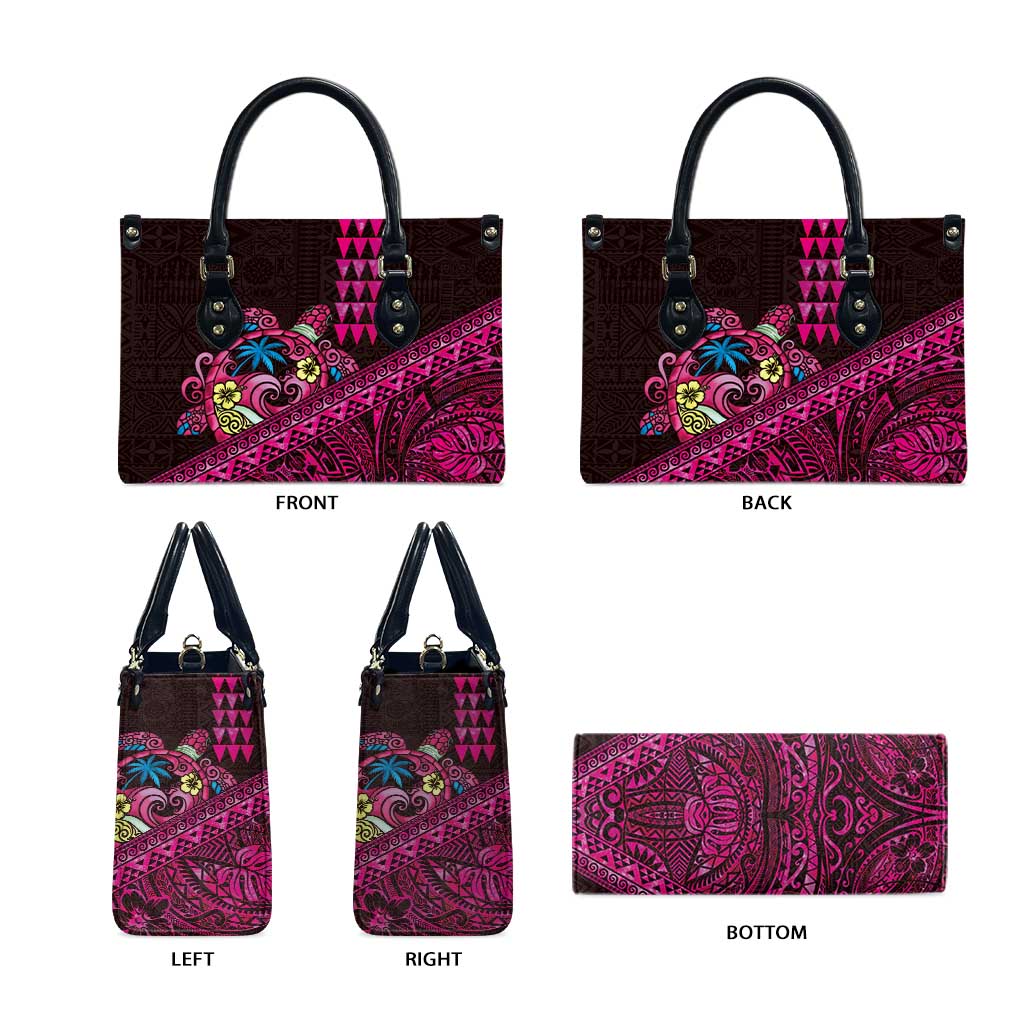 Hawaiian Abstract Sea Turtle Leather Bag Polynesian Tapa Art and Kakau Tattoo Pink WaterColor - Polynesian Pride