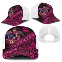 Hawaiian Abstract Sea Turtle Mesh Trucker Cap Polynesian Tapa Art and Kakau Tattoo Pink WaterColor - Polynesian Pride