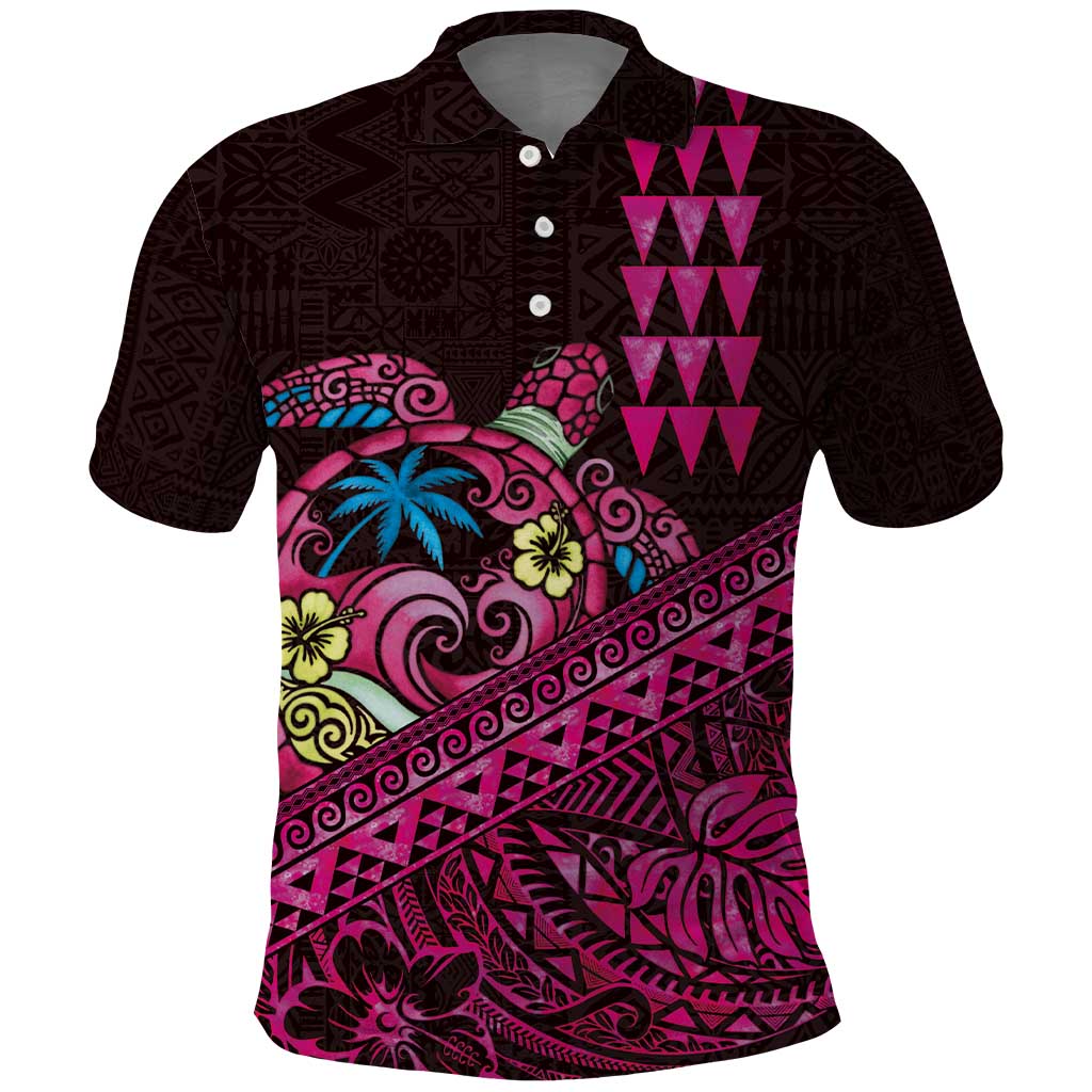 Hawaiian Abstract Sea Turtle Polo Shirt Polynesian Tapa Art and Kakau Tattoo Pink WaterColor - Polynesian Pride