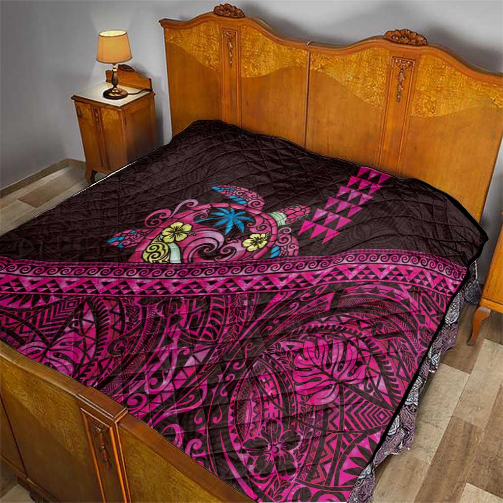 Hawaiian Abstract Sea Turtle Quilt Polynesian Tapa Art and Kakau Tattoo Pink WaterColor - Polynesian Pride