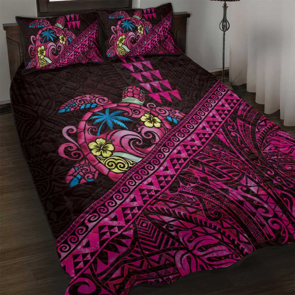 Hawaiian Abstract Sea Turtle Quilt Bed Set Polynesian Tapa Art and Kakau Tattoo Pink WaterColor - Polynesian Pride