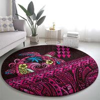 Hawaiian Abstract Sea Turtle Round Carpet Polynesian Tapa Art and Kakau Tattoo Pink WaterColor - Polynesian Pride