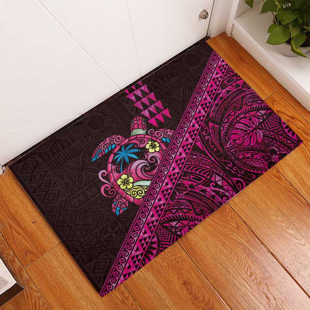 Hawaiian Abstract Sea Turtle Rubber Doormat Polynesian Tapa Art and Kakau Tattoo Pink WaterColor - Polynesian Pride