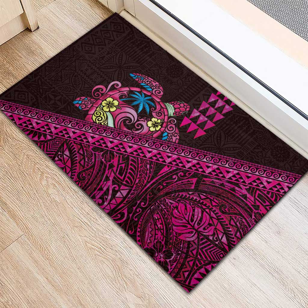 Hawaiian Abstract Sea Turtle Rubber Doormat Polynesian Tapa Art and Kakau Tattoo Pink WaterColor - Polynesian Pride