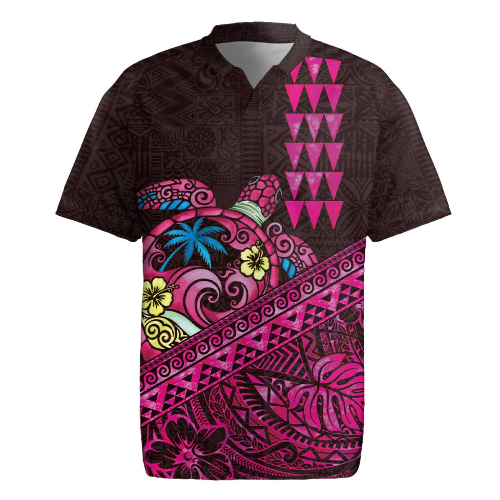 Hawaiian Abstract Sea Turtle Rugby Jersey Polynesian Tapa Art and Kakau Tattoo Pink WaterColor - Polynesian Pride
