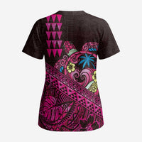Hawaiian Abstract Sea Turtle Scrub Top Polynesian Tapa Art and Kakau Tattoo Pink WaterColor - Polynesian Pride