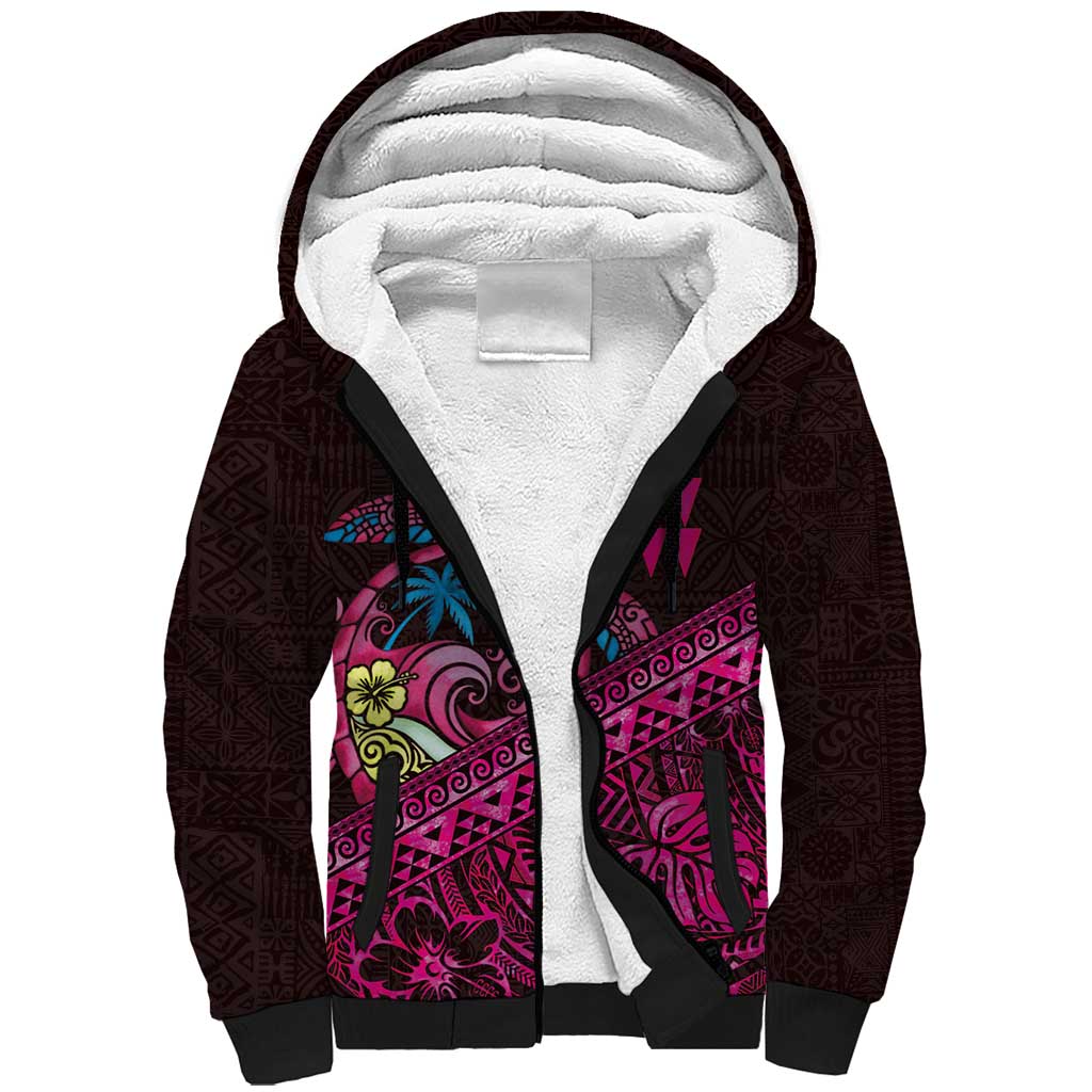 Hawaiian Abstract Sea Turtle Sherpa Hoodie Polynesian Tapa Art and Kakau Tattoo Pink WaterColor - Polynesian Pride