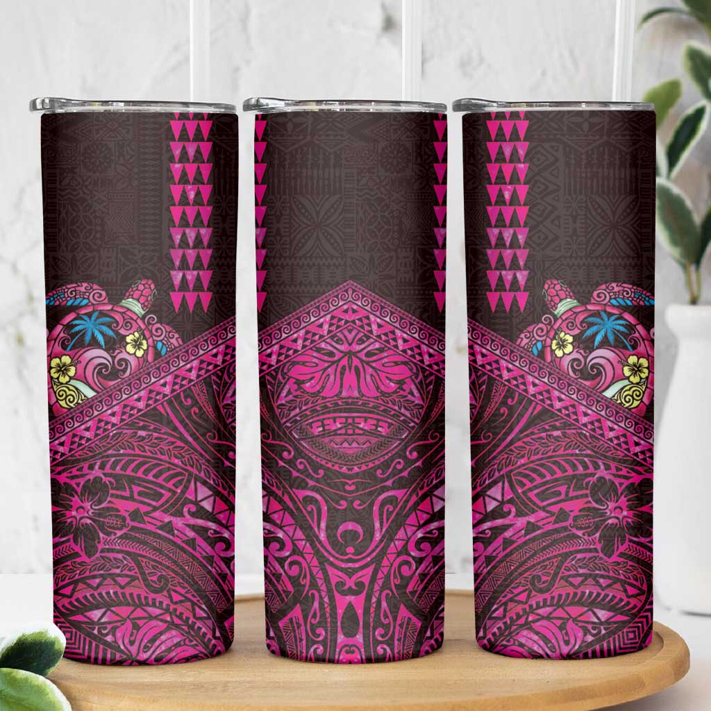Hawaiian Abstract Sea Turtle Skinny Tumbler Polynesian Tapa Art and Kakau Tattoo Pink WaterColor - Polynesian Pride