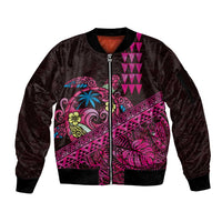 Hawaiian Abstract Sea Turtle Sleeve Zip Bomber Jacket Polynesian Tapa Art and Kakau Tattoo Pink WaterColor - Polynesian Pride