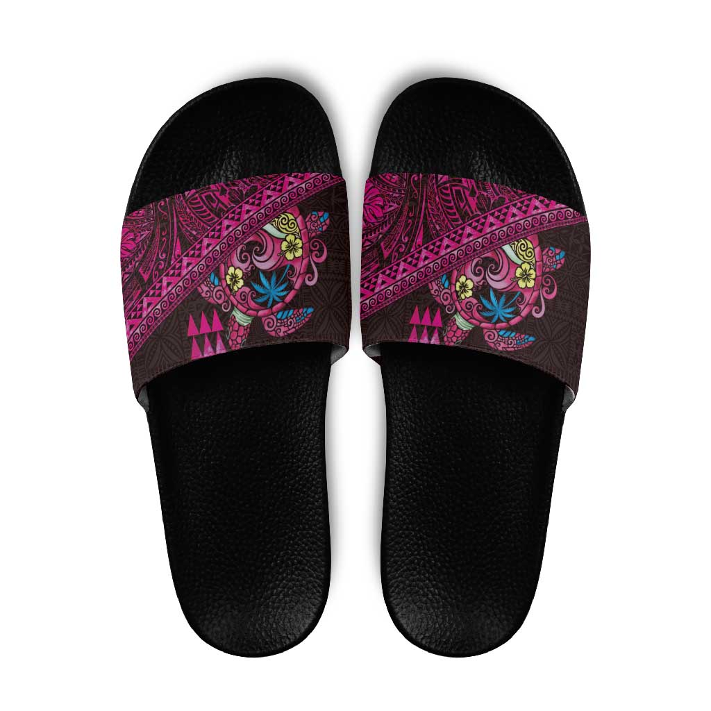 Hawaiian Abstract Sea Turtle Slide Sandals Polynesian Tapa Art and Kakau Tattoo Pink WaterColor - Polynesian Pride