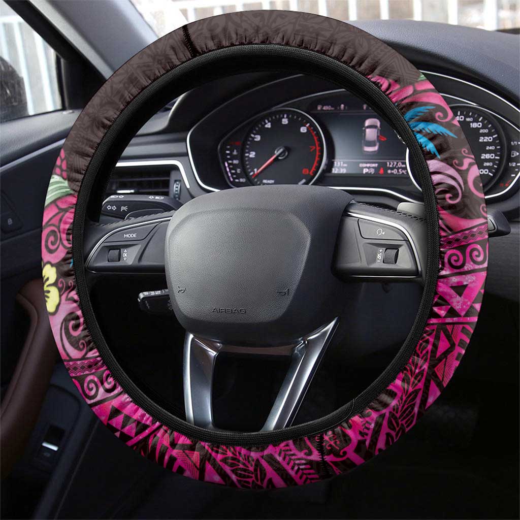 Hawaiian Abstract Sea Turtle Steering Wheel Cover Polynesian Tapa Art and Kakau Tattoo Pink WaterColor - Polynesian Pride