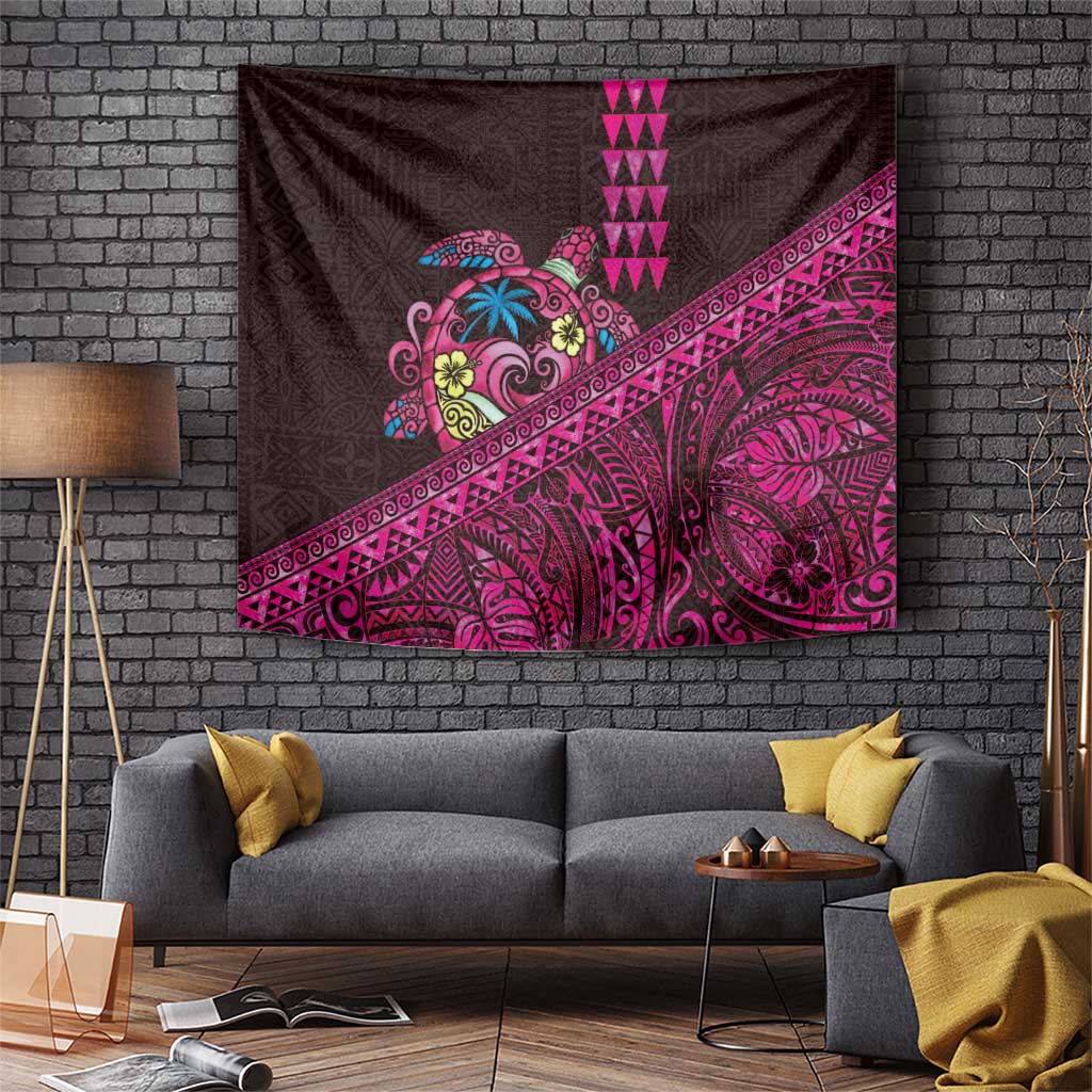 Hawaiian Abstract Sea Turtle Tapestry Polynesian Tapa Art and Kakau Tattoo Pink WaterColor - Polynesian Pride