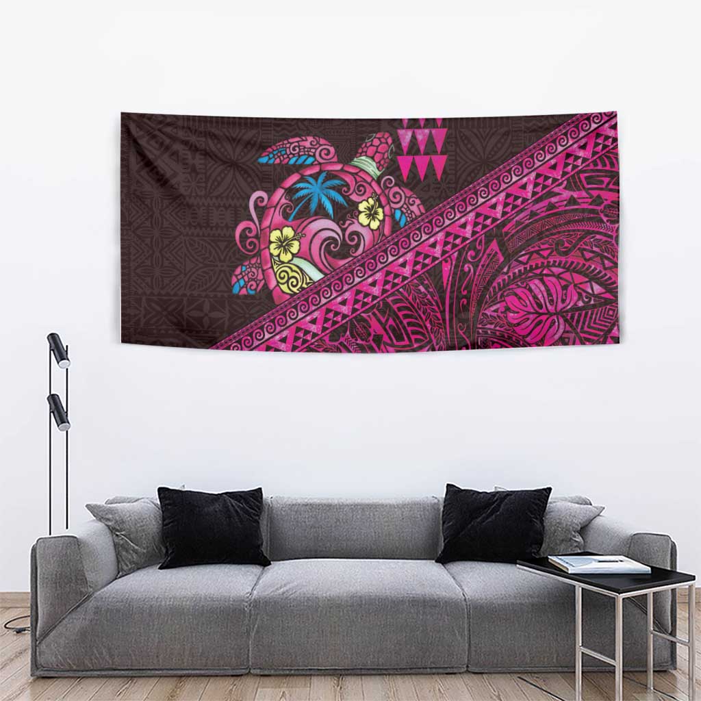 Hawaiian Abstract Sea Turtle Tapestry Polynesian Tapa Art and Kakau Tattoo Pink WaterColor - Polynesian Pride