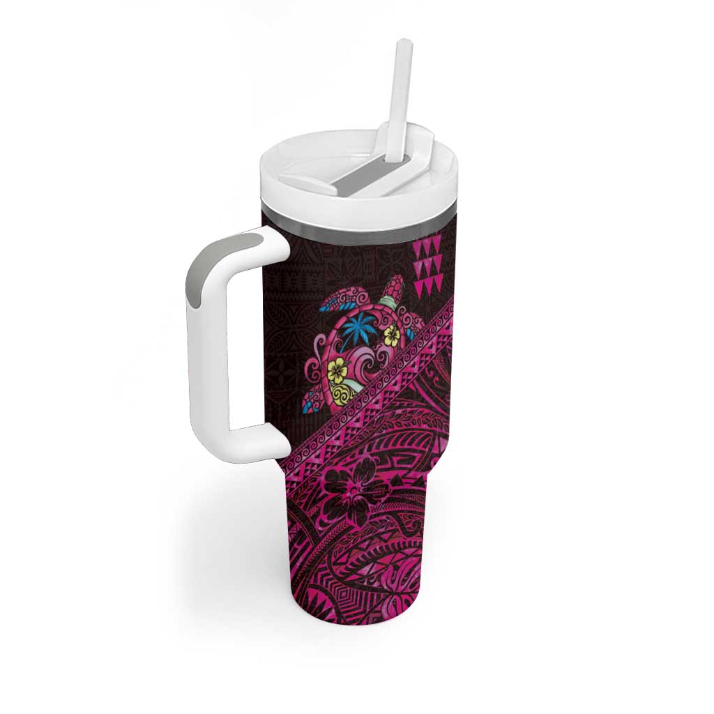 Hawaiian Abstract Sea Turtle Tumbler With Handle Polynesian Tapa Art and Kakau Tattoo Pink WaterColor - Polynesian Pride