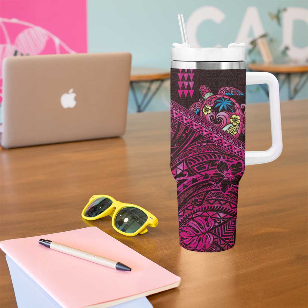 Hawaiian Abstract Sea Turtle Tumbler With Handle Polynesian Tapa Art and Kakau Tattoo Pink WaterColor - Polynesian Pride