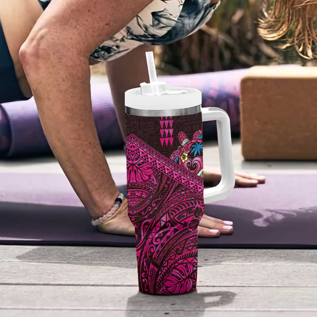 Hawaiian Abstract Sea Turtle Tumbler With Handle Polynesian Tapa Art and Kakau Tattoo Pink WaterColor - Polynesian Pride
