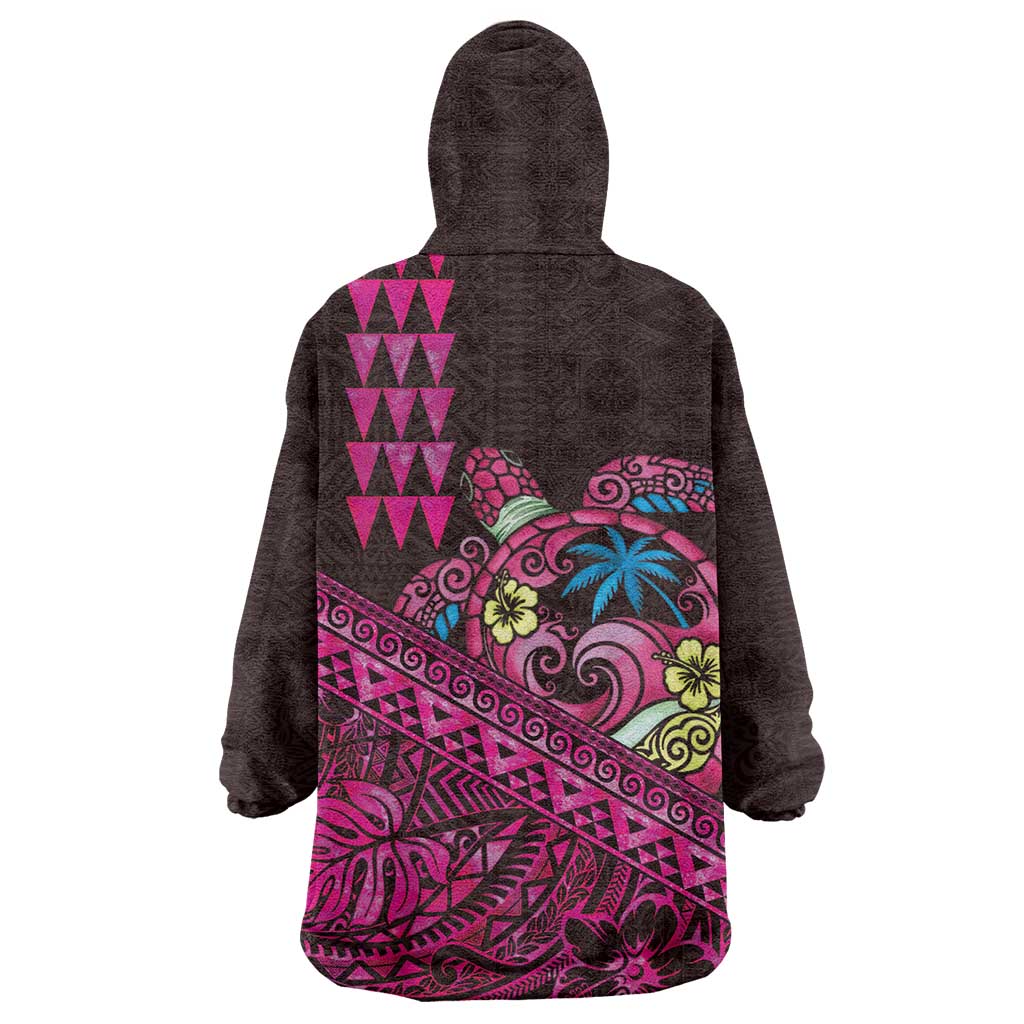 Hawaiian Abstract Sea Turtle Wearable Blanket Hoodie Polynesian Tapa Art and Kakau Tattoo Pink WaterColor - Polynesian Pride