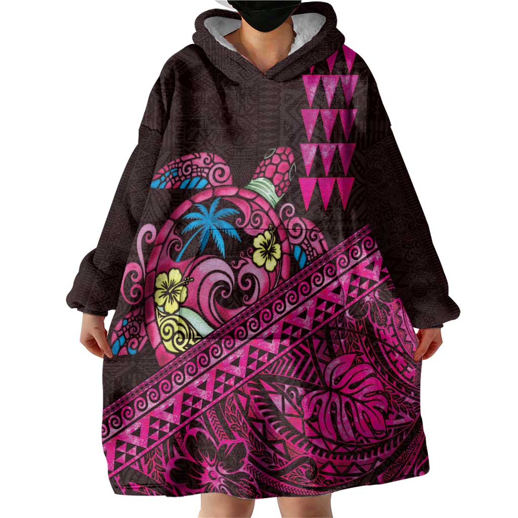 Hawaiian Abstract Sea Turtle Wearable Blanket Hoodie Polynesian Tapa Art and Kakau Tattoo Pink WaterColor - Polynesian Pride