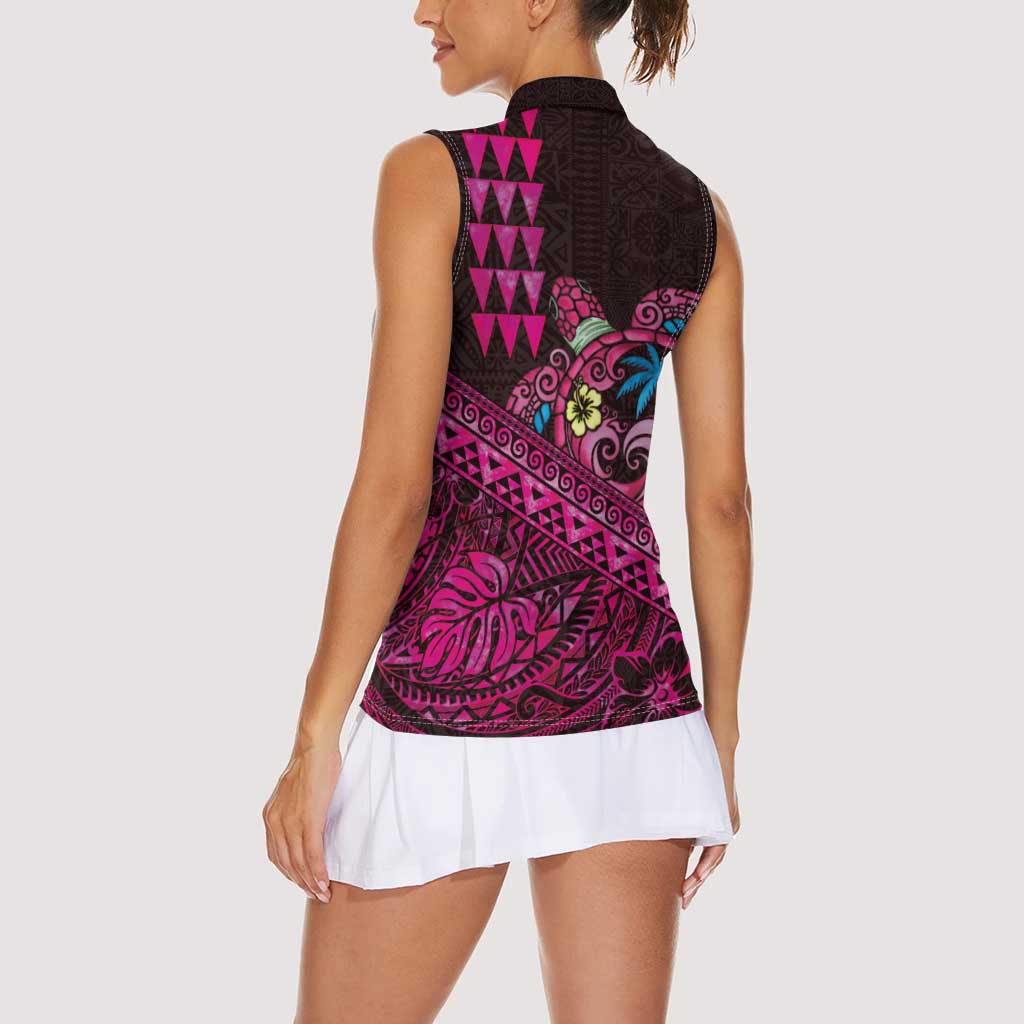 Hawaiian Abstract Sea Turtle Women Sleeveless Polo Shirt Polynesian Tapa Art and Kakau Tattoo Pink WaterColor - Polynesian Pride