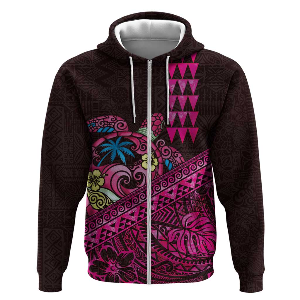 Hawaiian Abstract Sea Turtle Zip Hoodie Polynesian Tapa Art and Kakau Tattoo Pink WaterColor - Polynesian Pride