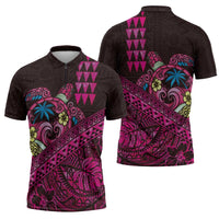 Hawaiian Abstract Sea Turtle Zipper Polo Shirt Polynesian Tapa Art and Kakau Tattoo Pink WaterColor - Polynesian Pride