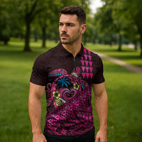 Hawaiian Abstract Sea Turtle Zipper Polo Shirt Polynesian Tapa Art and Kakau Tattoo Pink WaterColor - Polynesian Pride