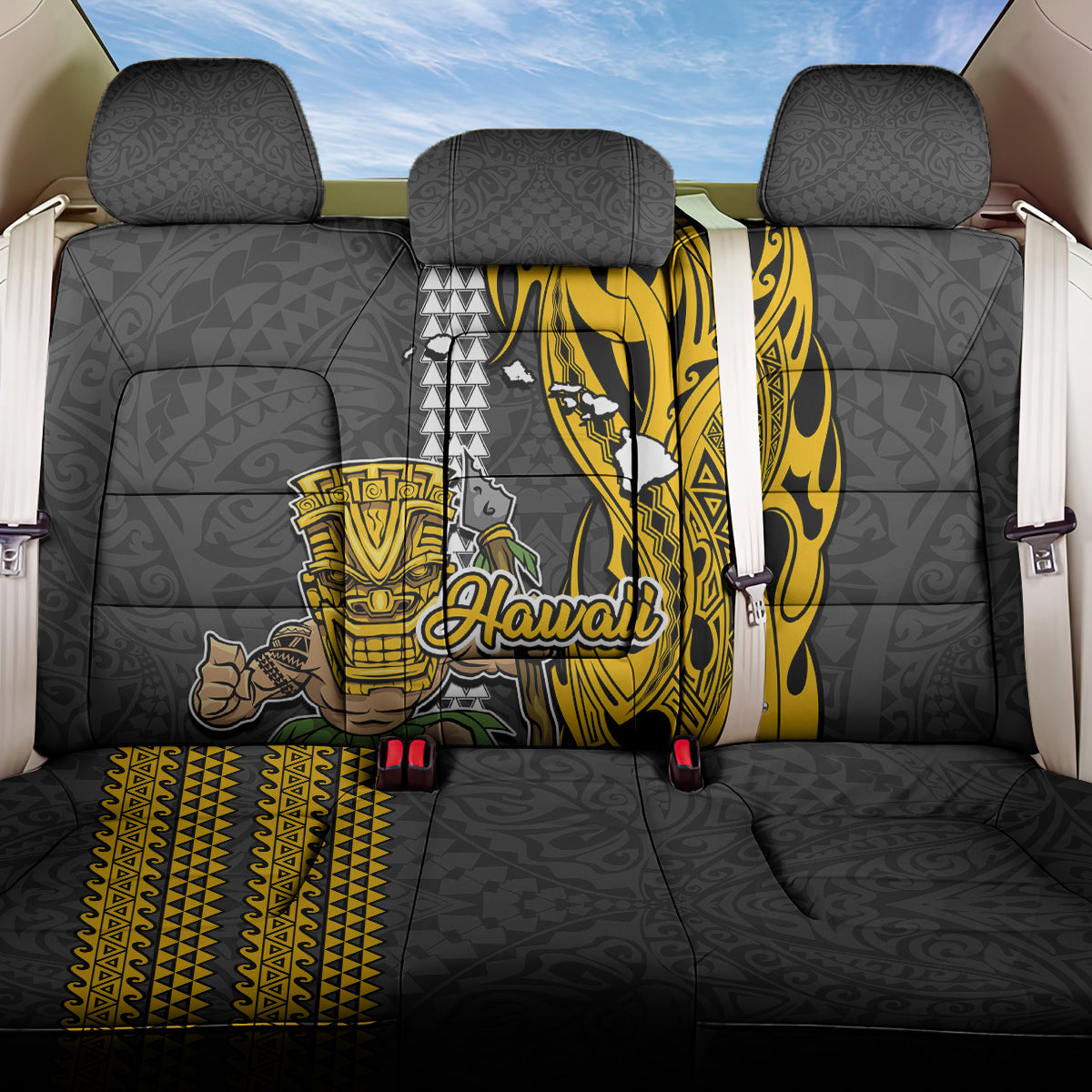 Hawaii Island Back Car Seat Cover Hawaiian Warrior and Kakau Symbols Abstract Tattoo