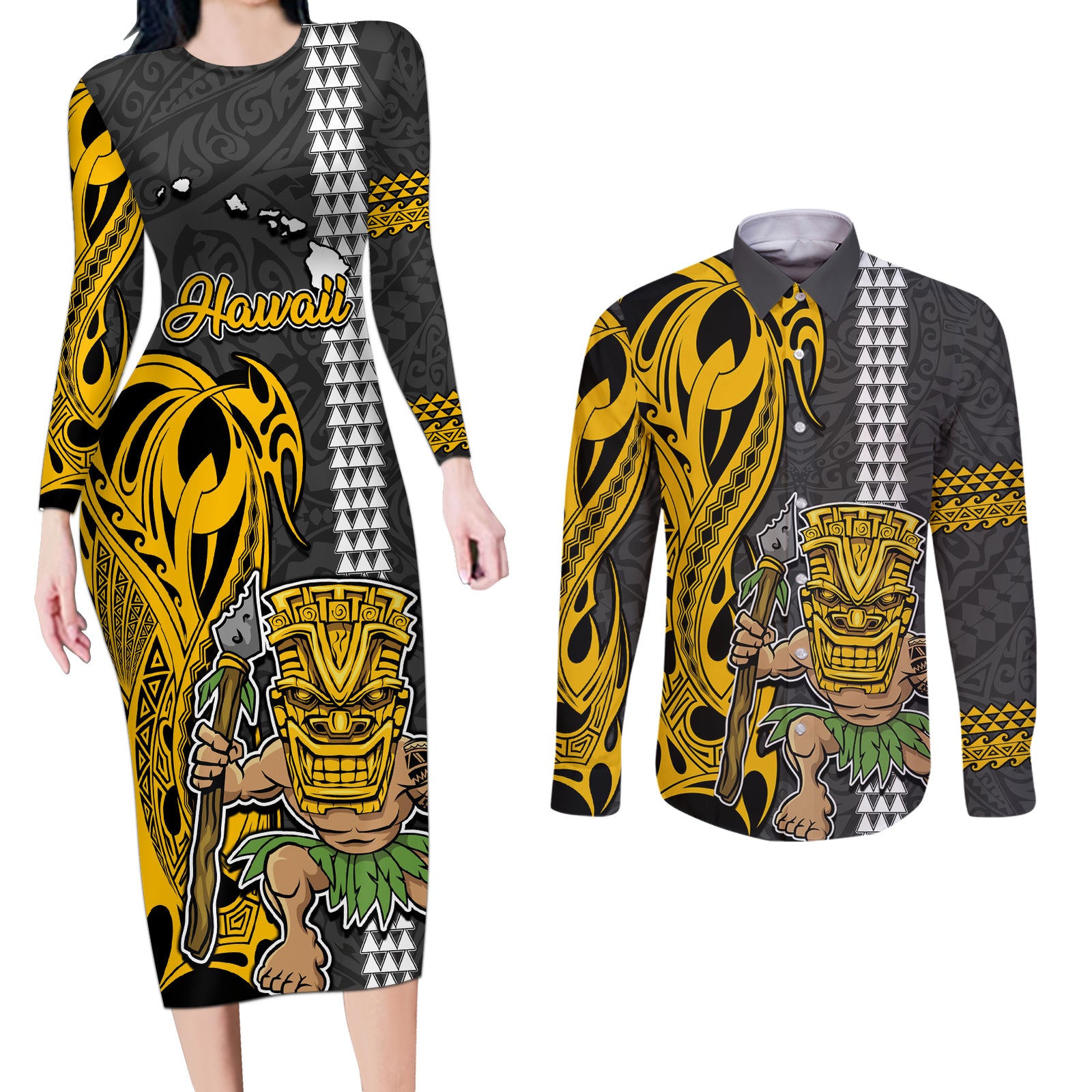 Hawaii Island Couples Matching Long Sleeve Bodycon Dress and Long Sleeve Button Shirts Hawaiian Warrior and Kakau Symbols Abstract Tattoo LT03 Yellow - Polynesian Pride