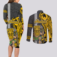 Hawaii Island Couples Matching Long Sleeve Bodycon Dress and Long Sleeve Button Shirts Hawaiian Warrior and Kakau Symbols Abstract Tattoo LT03 - Polynesian Pride