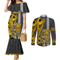 Hawaii Island Couples Matching Mermaid Dress and Long Sleeve Button Shirts Hawaiian Warrior and Kakau Symbols Abstract Tattoo LT03 Yellow - Polynesian Pride