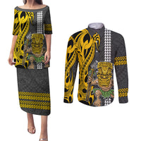 Hawaii Island Couples Matching Puletasi Dress and Long Sleeve Button Shirts Hawaiian Warrior and Kakau Symbols Abstract Tattoo LT03 Yellow - Polynesian Pride