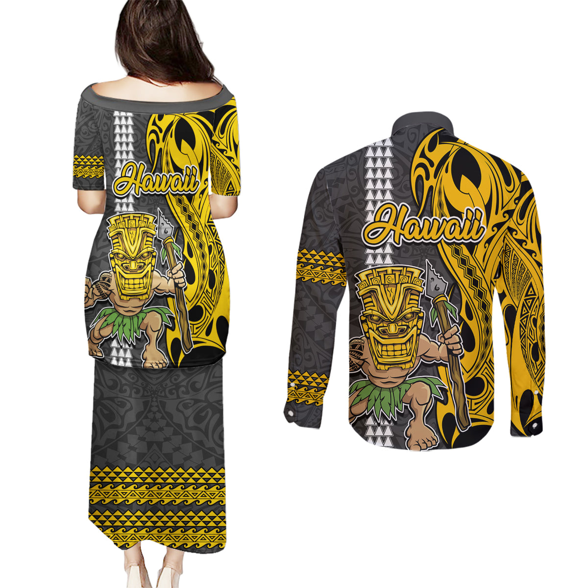 Hawaii Island Couples Matching Puletasi Dress and Long Sleeve Button Shirts Hawaiian Warrior and Kakau Symbols Abstract Tattoo LT03 - Polynesian Pride
