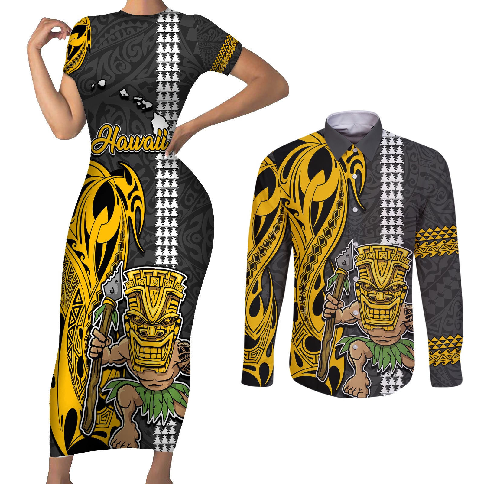 Hawaii Island Couples Matching Short Sleeve Bodycon Dress and Long Sleeve Button Shirts Hawaiian Warrior and Kakau Symbols Abstract Tattoo LT03 Yellow - Polynesian Pride