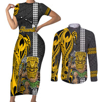 Hawaii Island Couples Matching Short Sleeve Bodycon Dress and Long Sleeve Button Shirts Hawaiian Warrior and Kakau Symbols Abstract Tattoo LT03 Yellow - Polynesian Pride