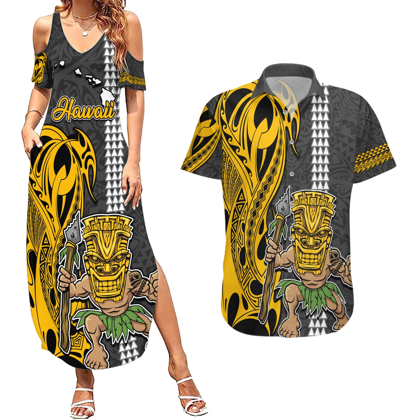 Hawaii Island Couples Matching Summer Maxi Dress and Hawaiian Shirt Hawaiian Warrior and Kakau Symbols Abstract Tattoo LT03 Yellow - Polynesian Pride