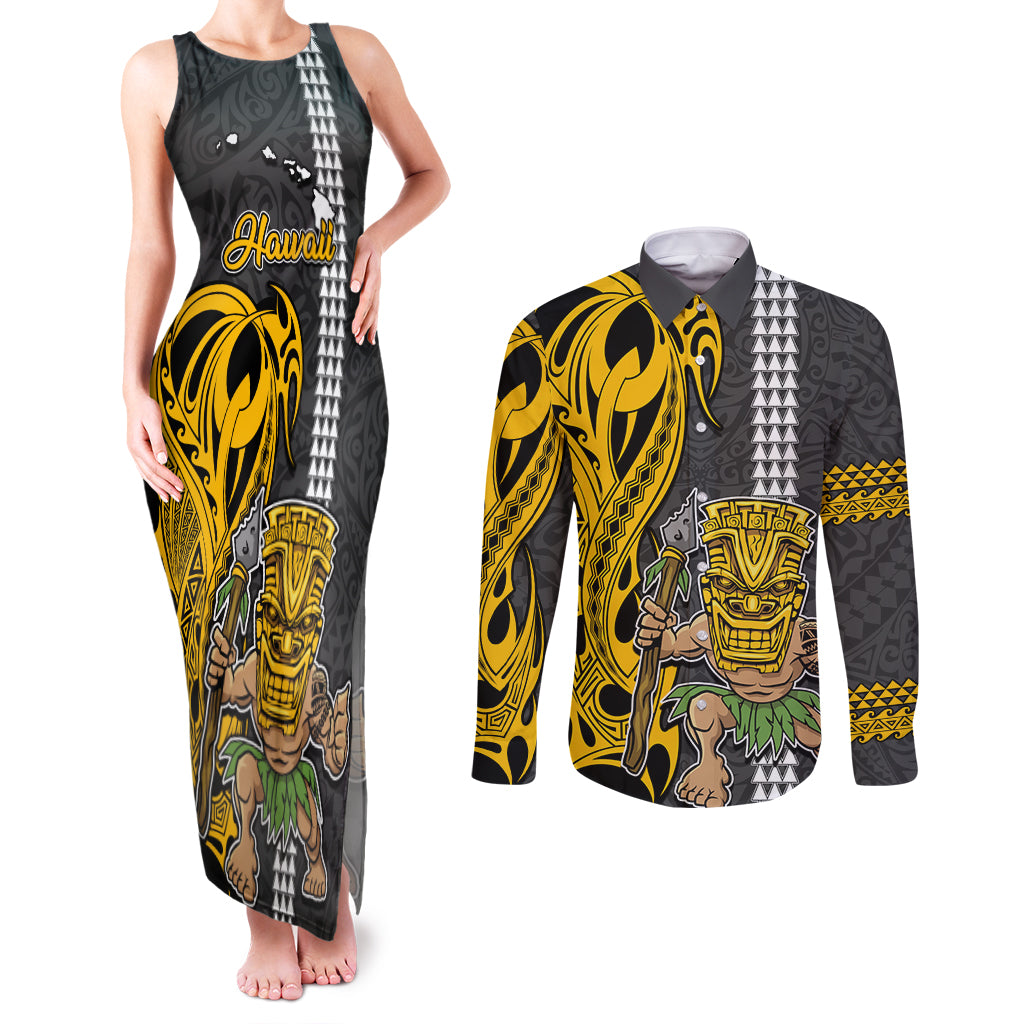 Hawaii Island Couples Matching Tank Maxi Dress and Long Sleeve Button Shirts Hawaiian Warrior and Kakau Symbols Abstract Tattoo LT03 Yellow - Polynesian Pride