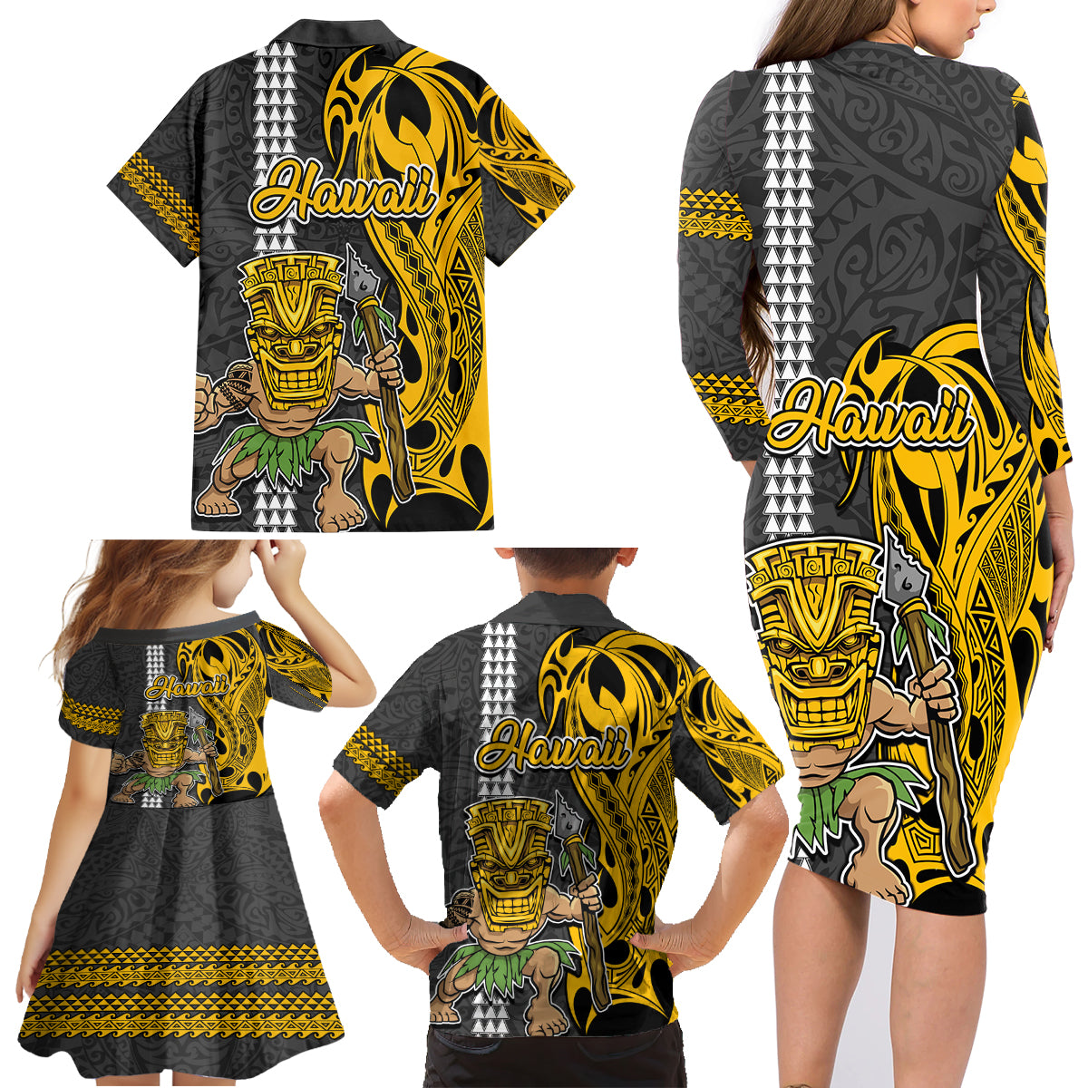 Hawaii Island Family Matching Long Sleeve Bodycon Dress and Hawaiian Shirt Hawaiian Warrior and Kakau Symbols Abstract Tattoo LT03 - Polynesian Pride
