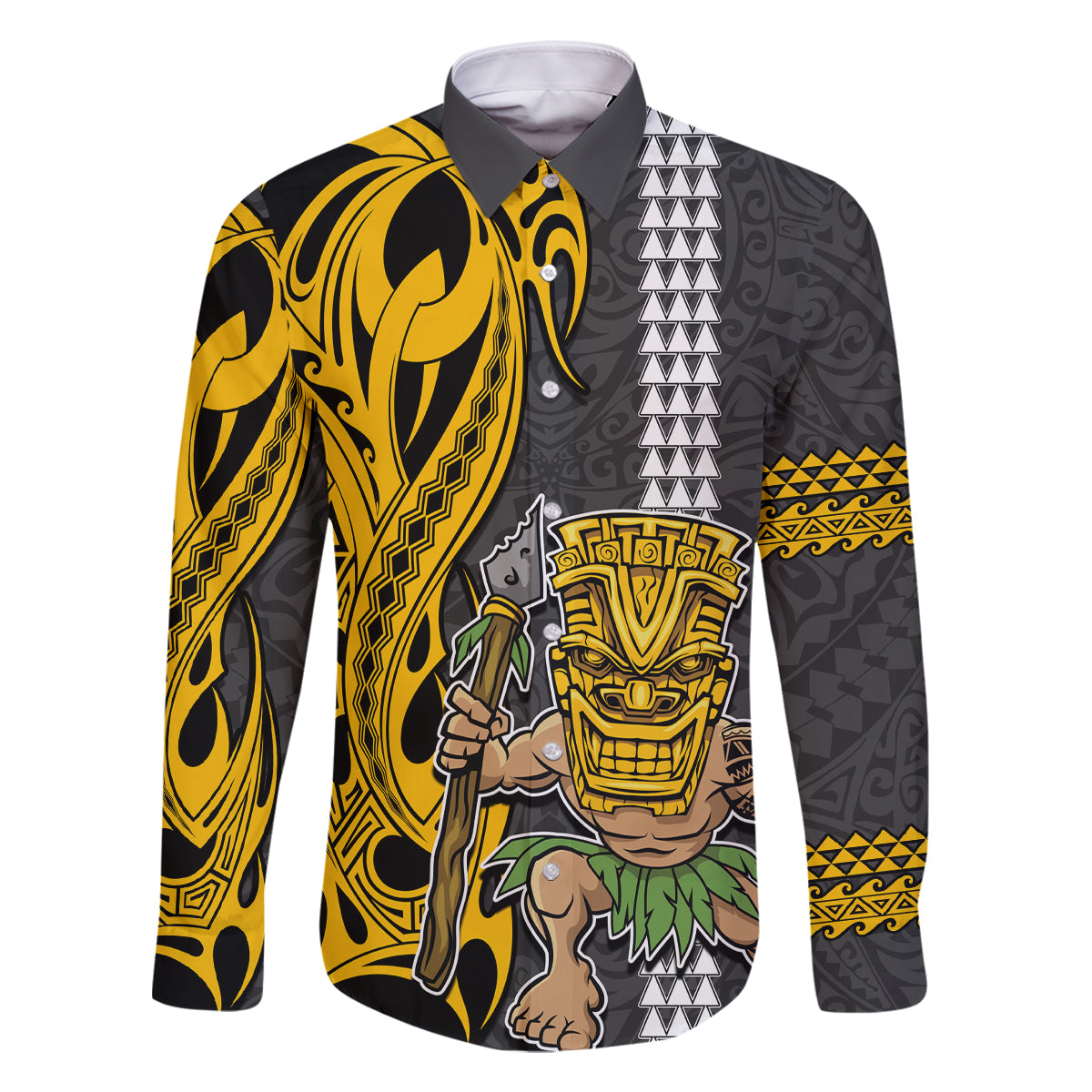 Hawaii Island Family Matching Off Shoulder Short Dress and Hawaiian Shirt Hawaiian Warrior and Kakau Symbols Abstract Tattoo LT03 Dad's Shirt - Long Sleeve Yellow - Polynesian Pride