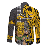 Hawaii Island Long Sleeve Button Shirt Hawaiian Warrior and Kakau Symbols Abstract Tattoo LT03 - Polynesian Pride