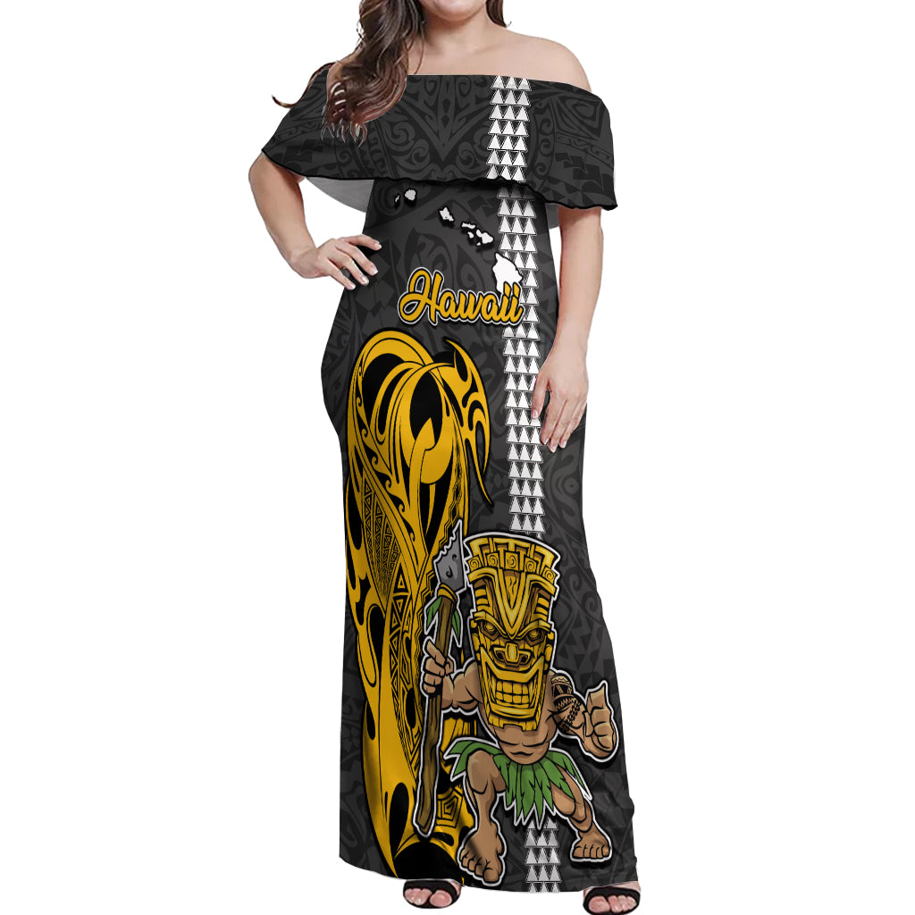 Hawaii Island Off Shoulder Maxi Dress Hawaiian Warrior and Kakau Symbols Abstract Tattoo LT03 Women Yellow - Polynesian Pride
