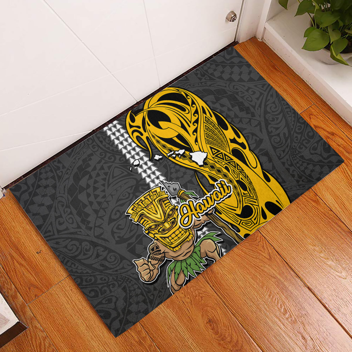 Hawaii Island Rubber Doormat Hawaiian Warrior and Kakau Symbols Abstract Tattoo LT03 Yellow - Polynesian Pride