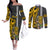 Custom Hawaii Island Couples Matching Off The Shoulder Long Sleeve Dress and Long Sleeve Button Shirts Hawaiian Warrior and Kakau Symbols Abstract Tattoo LT03 Yellow - Polynesian Pride