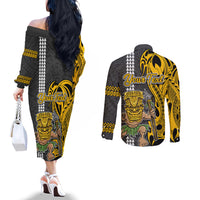 Custom Hawaii Island Couples Matching Off The Shoulder Long Sleeve Dress and Long Sleeve Button Shirts Hawaiian Warrior and Kakau Symbols Abstract Tattoo LT03 - Polynesian Pride