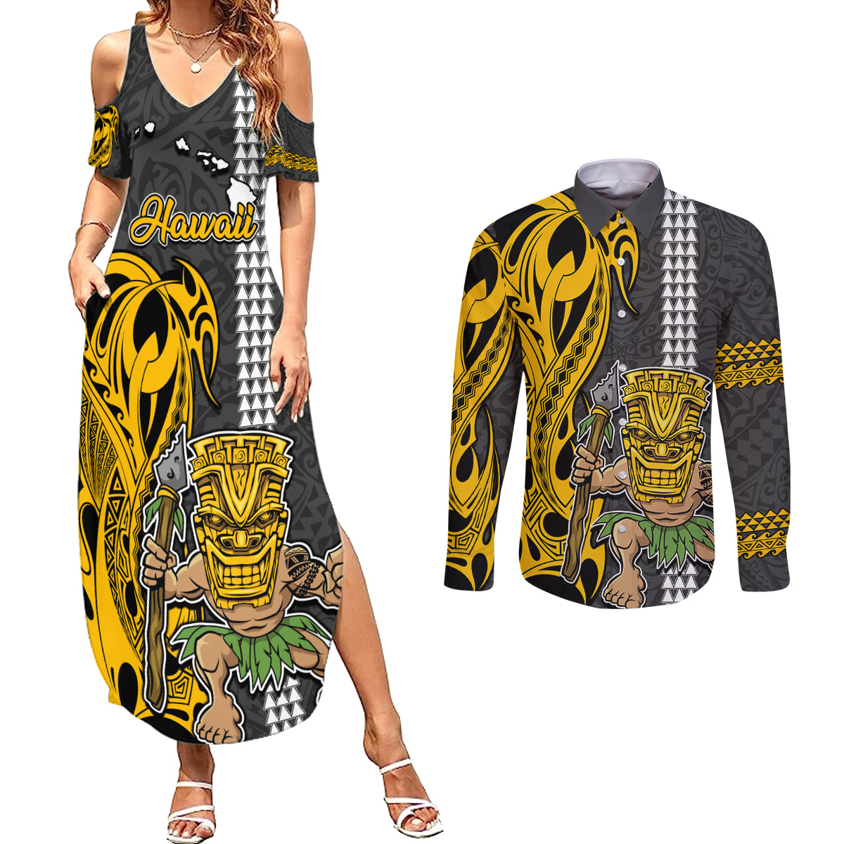 Custom Hawaii Island Couples Matching Summer Maxi Dress and Long Sleeve Button Shirts Hawaiian Warrior and Kakau Symbols Abstract Tattoo LT03 Yellow - Polynesian Pride