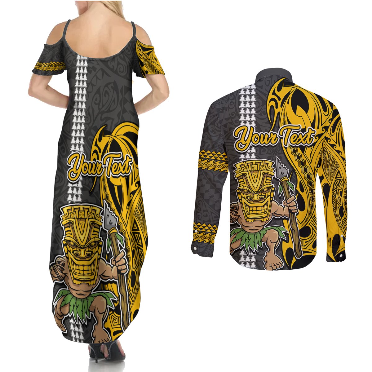 Custom Hawaii Island Couples Matching Summer Maxi Dress and Long Sleeve Button Shirts Hawaiian Warrior and Kakau Symbols Abstract Tattoo LT03 - Polynesian Pride
