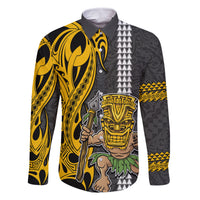 Custom Hawaii Island Family Matching Long Sleeve Bodycon Dress and Hawaiian Shirt Hawaiian Warrior and Kakau Symbols Abstract Tattoo LT03 Dad's Shirt - Long Sleeve Yellow - Polynesian Pride